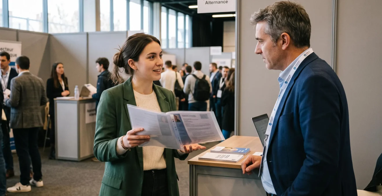 Jeune candidat en discussion avec un recruteur lors d'un salon de recrutement alternance à Lyon