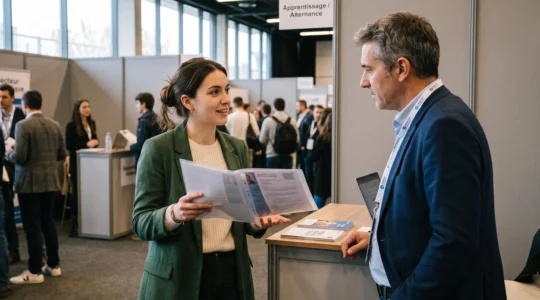 Jeune candidat en discussion avec un recruteur lors d'un salon de recrutement alternance à Lyon