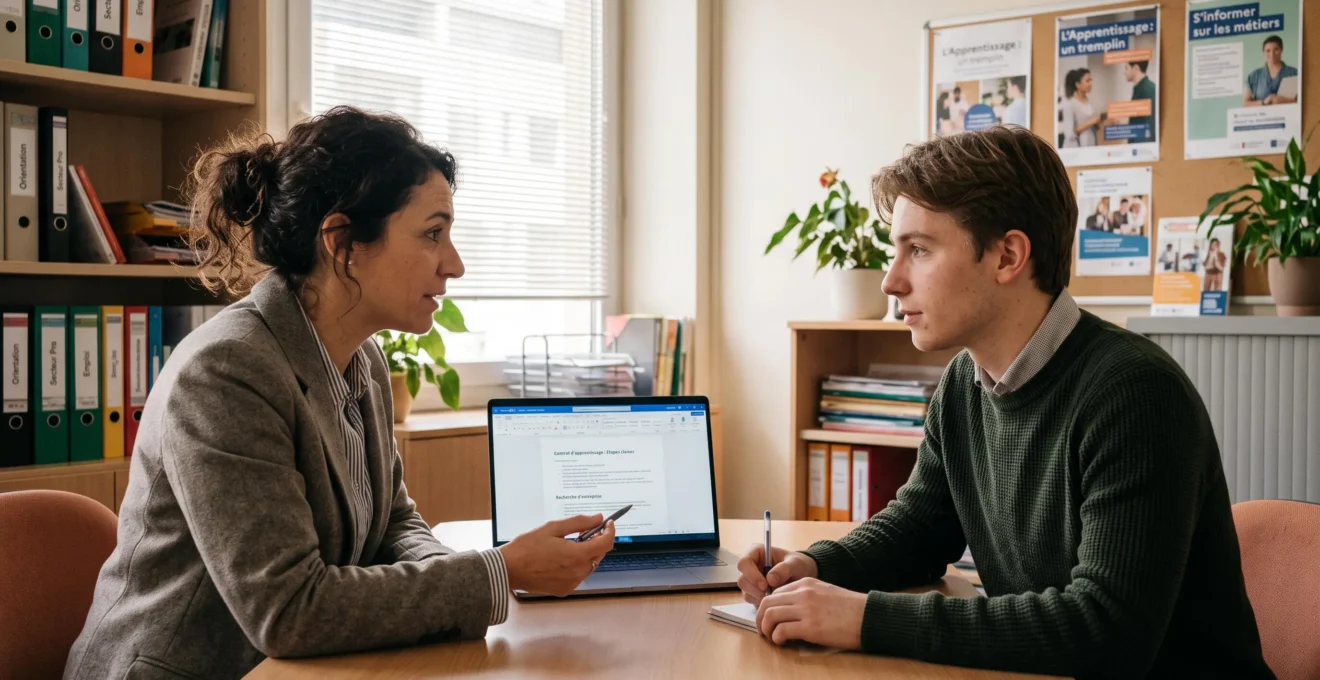 Jeune candidat en entretien de conseil avec un référent alternance dans un organisme de formation lyonnais
