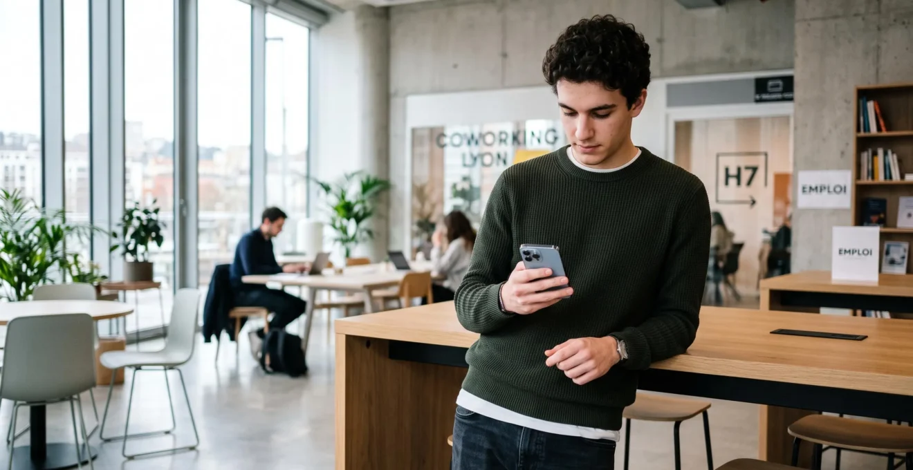 Jeune candidat consultant des offres d'alternance sur smartphone dans un espace de coworking lyonnais