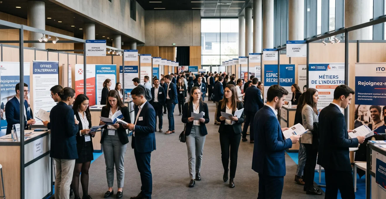 Vue d'ensemble d'un salon de recrutement alternance avec plusieurs jeunes candidats circulant entre les stands d'entreprises