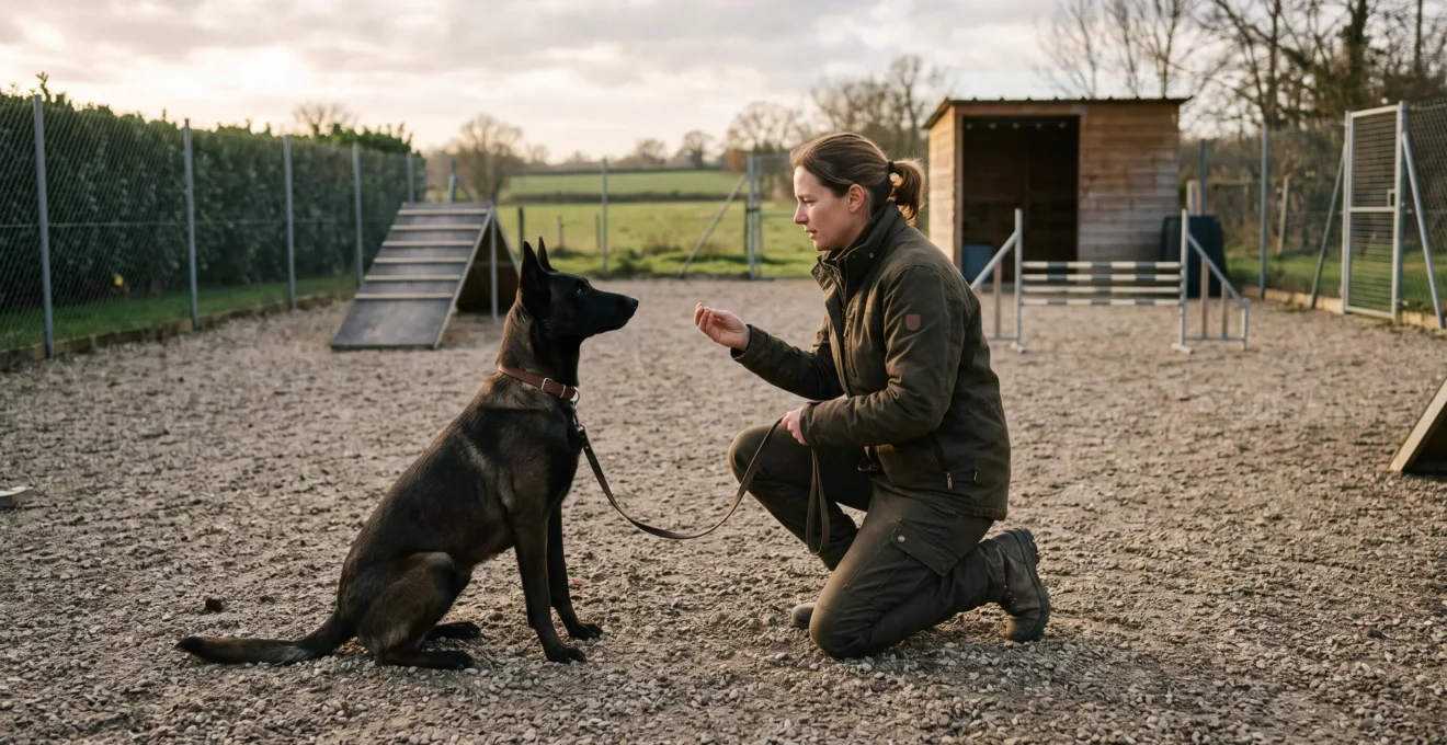 Un agent cynophile en formation donne un ordre d'obéissance à son chien Malinois sur un terrain d'entraînement clôturé.