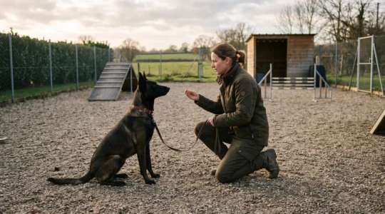 Un agent cynophile en formation donne un ordre d'obéissance à son chien Malinois sur un terrain d'entraînement clôturé.