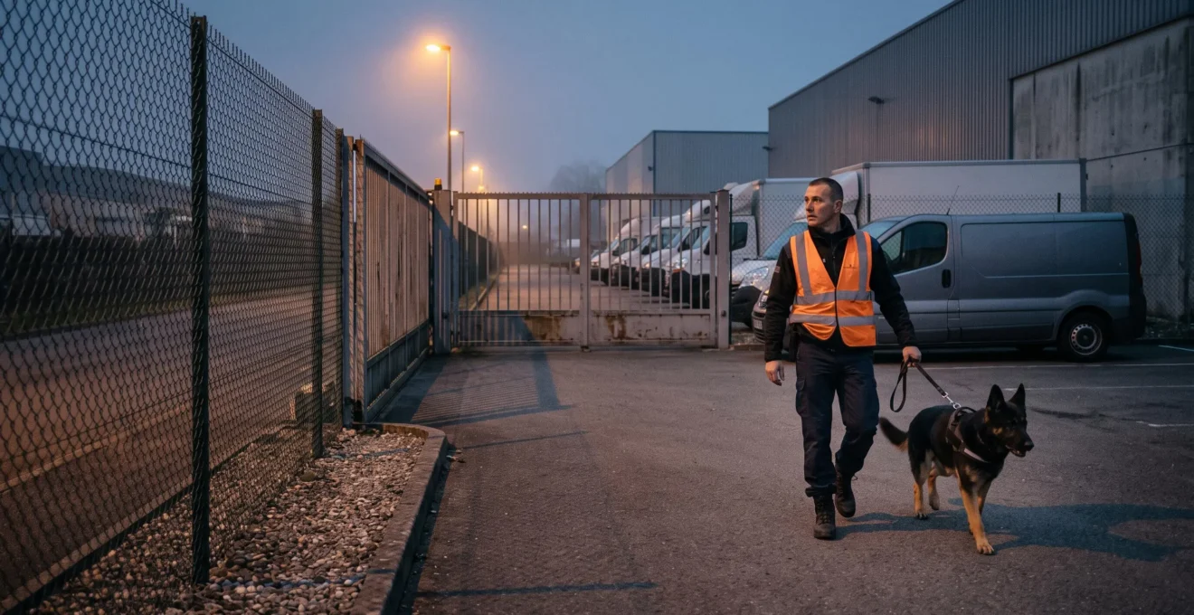 Un agent cynophile patrouille avec son chien berger allemand le long d'une clôture d'un site industriel au crépuscule.