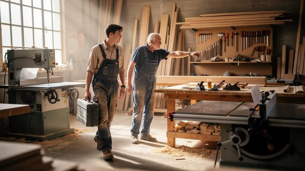 Un jeune apprenti en blouse de travail suivant un artisan dans l'atelier d'une petite entreprise française.