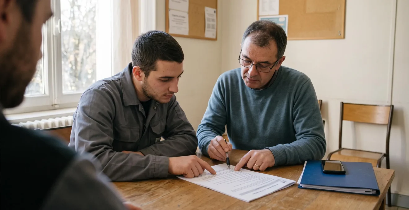 Un candidat et un conseiller examinent ensemble un document de programme de formation cynophile posé sur une table.
