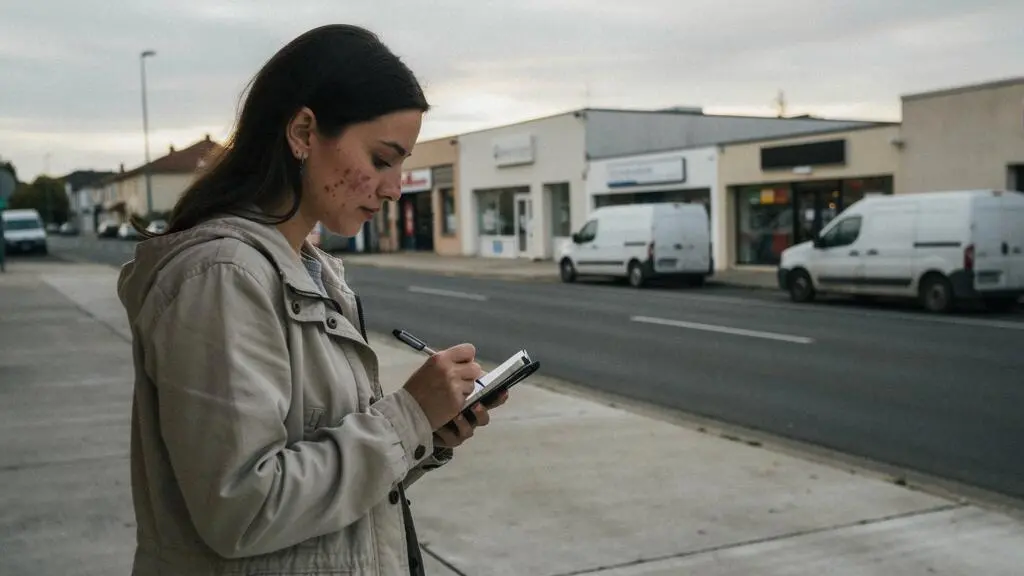 Une jeune femme prenant des notes sur un trottoir dans une zone d'activités française, un smartphone à la main.