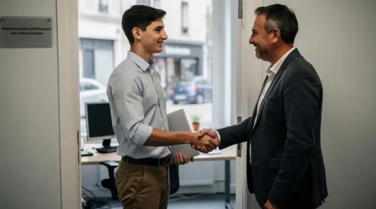 Un jeune candidat serrant la main d'un recruteur dans le hall d'accueil d'une entreprise française.