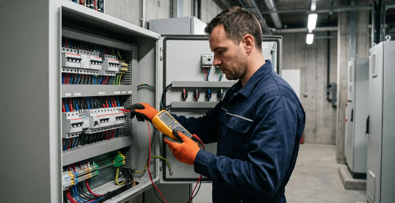 Électricien certifié inspectant un tableau électrique industriel avec un appareil de mesure dans un local technique