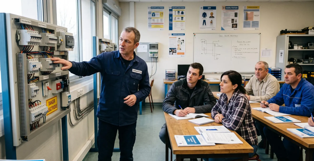 Formateur dispensant une session d'habilitation électrique à des stagiaires adultes dans une salle de formation professionnelle