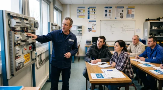 Formateur dispensant une session d'habilitation électrique à des stagiaires adultes dans une salle de formation professionnelle