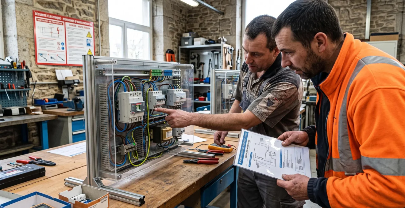 Deux stagiaires manipulant ensemble un équipement pédagogique d'installation électrique lors d'une formation pratique en atelier