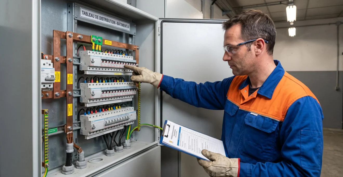 Technicien qualifié effectuant une inspection visuelle de conformité d'un tableau électrique basse tension ouvert dans un local industriel